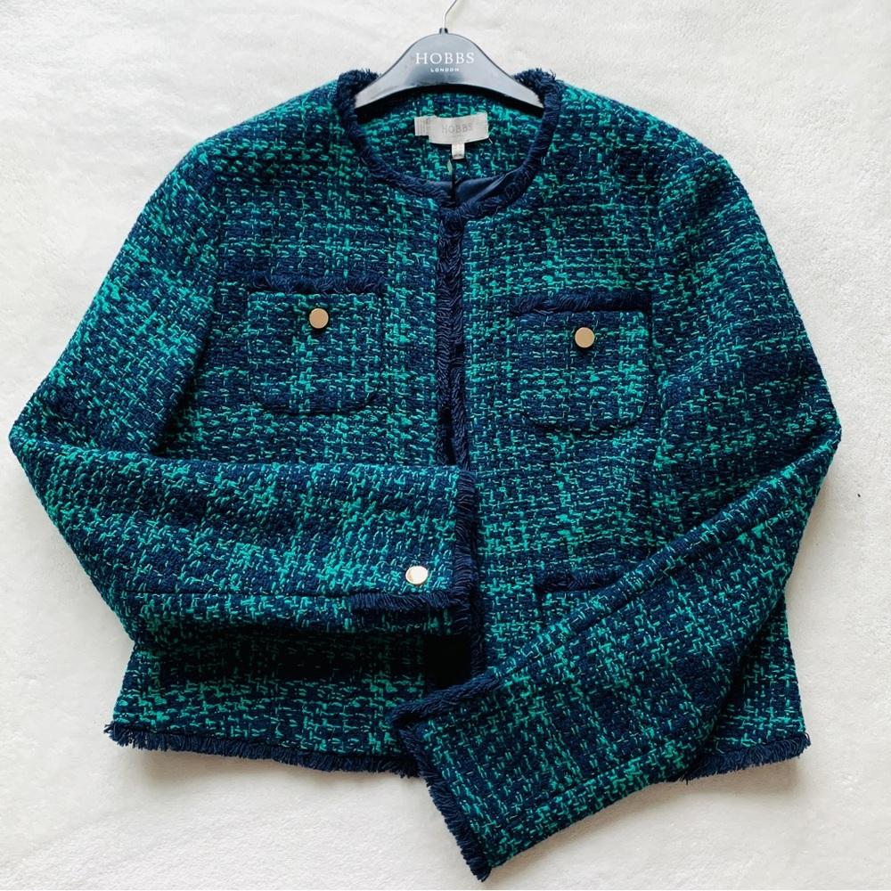 Hobbs Teal & Navy Tweed Jacket - Classic Collarless Blazer
